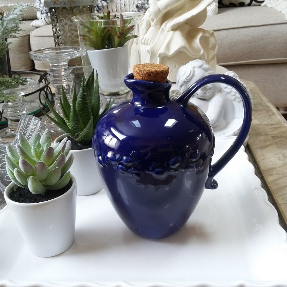 FARMHOUSE Cobalt CERAMIC Pitcher JUG W/ CORK